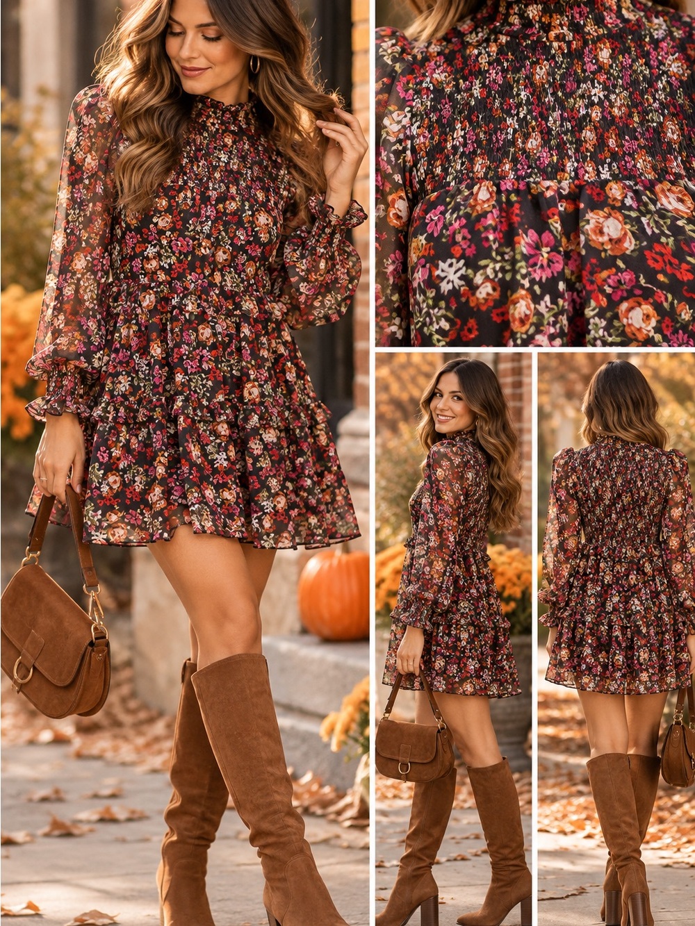 Floral Smocked Ruffle Long-Sleeve Boho Mini Dress - Black Floral Size Medium
